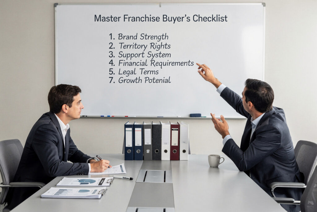 Executive reviewing a master franchise buyer's checklist and Franchise Disclosure Document before signing